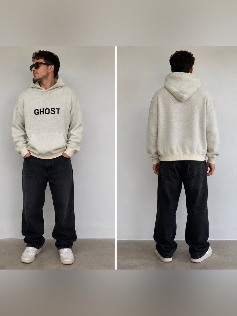NWT Ghost Waffle Knit Oversized Pullover Hoodie Cream Men's Sweater Streetwear